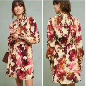 Anthropologie Floral Mock-Neck Mini Dress in Cream, Pink, Burgundy